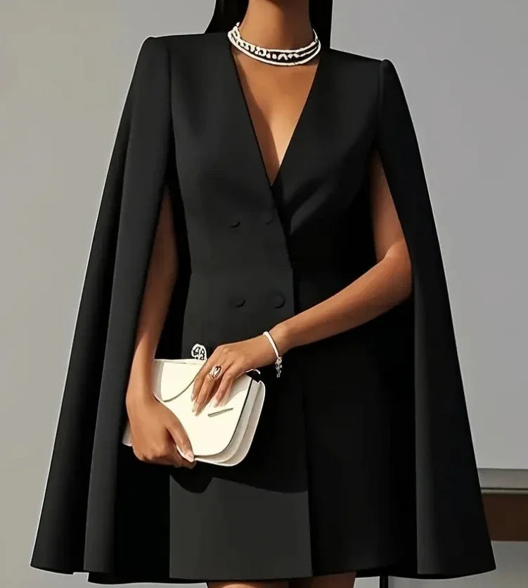 Women Dresses 2025 Spring Autumn New Commuting Double Breasted Shawl Cape Solid Color V-Neck Mini Dress Fashion Women's Clothing