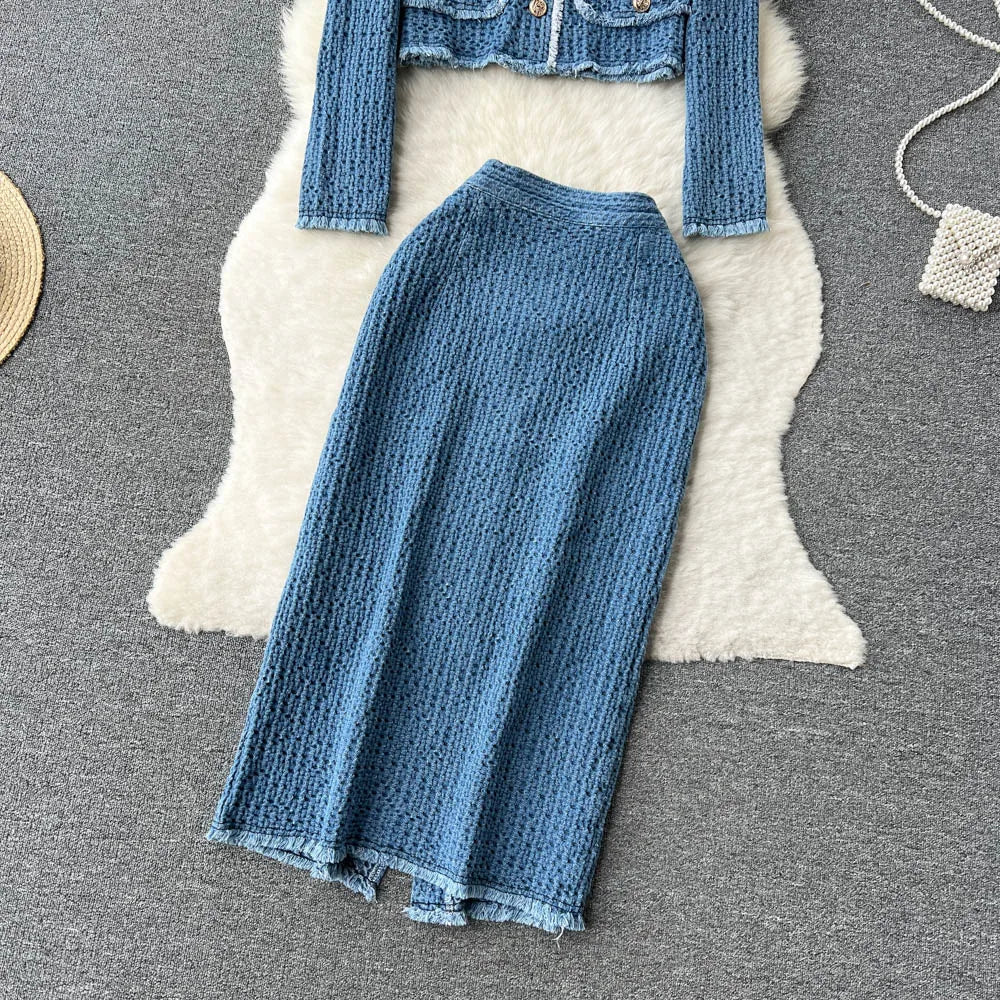 SINGREINY Women Office Lady Denim Suits 2023 Long Sleeves Autumn Blouse+Split Long Skirt Vintage Fashion Jeans Two Pieces Sets