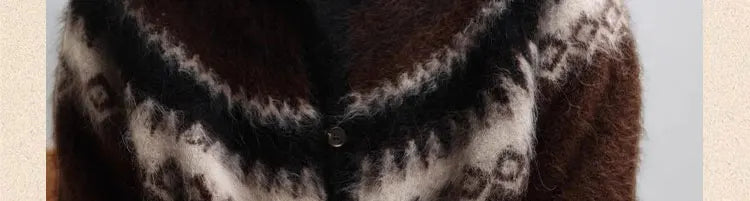 Nordic Style Womens Knitted Cardigan Sweater Alpaca Wool Retro Winter Autumn Color Block Jacquard Long Sleeve Casual Top