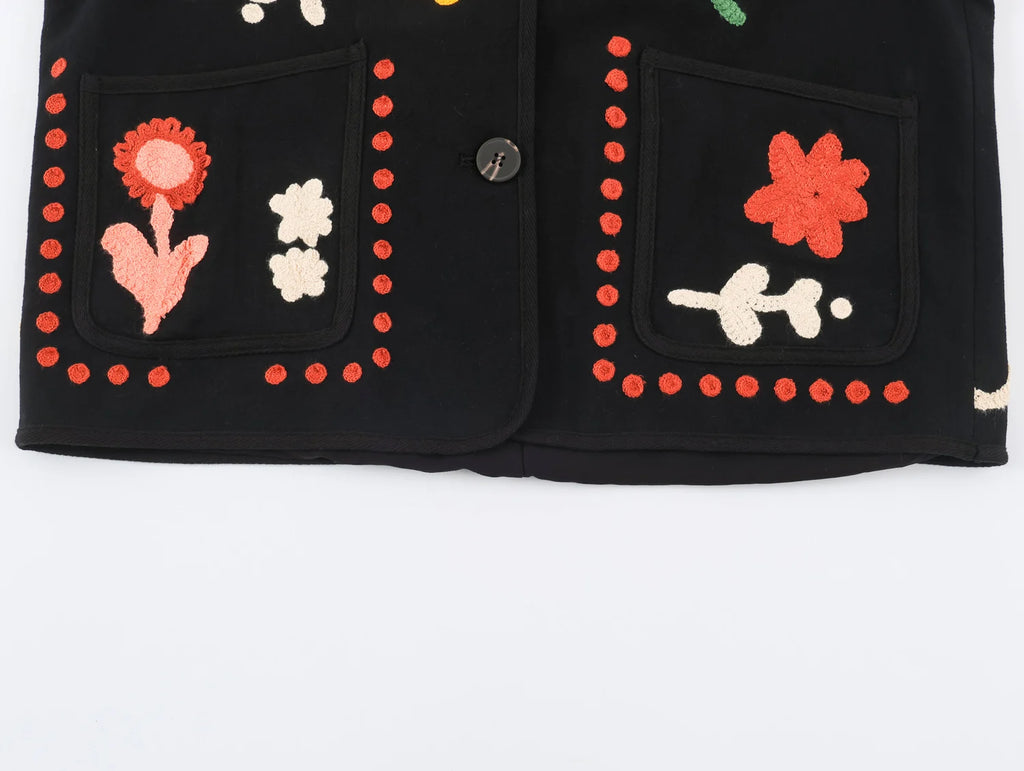 KONDALA Chic 2026 Vintage Autumn Modern Flower Embroidery Jacket Streetwear Pockets Single Breasted Loose Casual Female Outwear