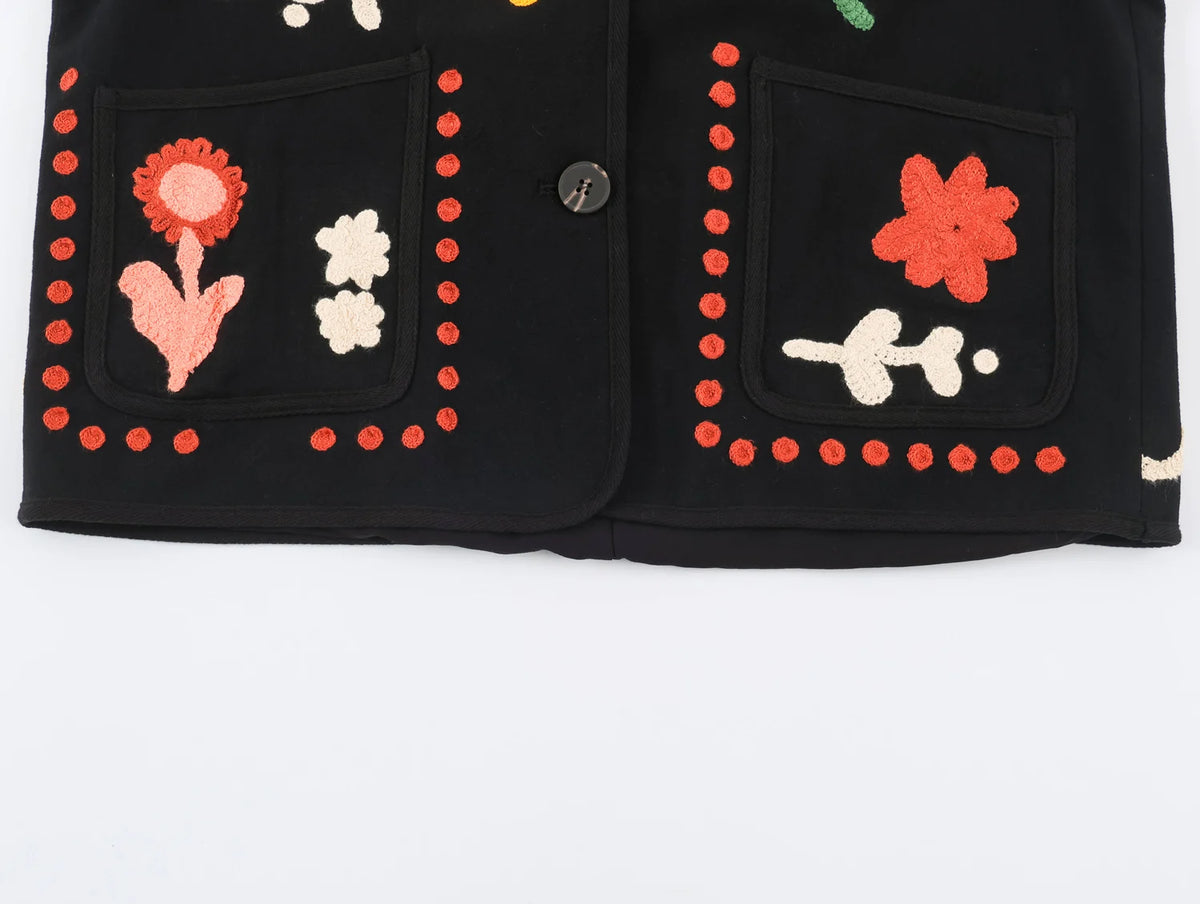 KONDALA Chic 2026 Vintage Autumn Modern Flower Embroidery Jacket Streetwear Pockets Single Breasted Loose Casual Female Outwear