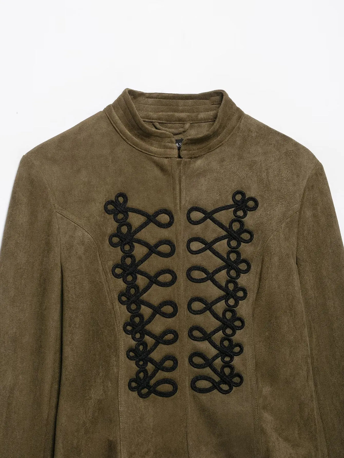 TFMLN 2026 Women Faux Suede Short Jacket Stand Collar Handmade Knot Embroidery Slimming Long Sleeve Outerwear Fashion Retro