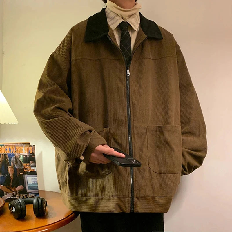 American Style Vintage 2026 Men Jacket Windbreakers Zipper Coats Autumn Loose Cargo Outwear Streetwear Corduroy Jackets M-5XL