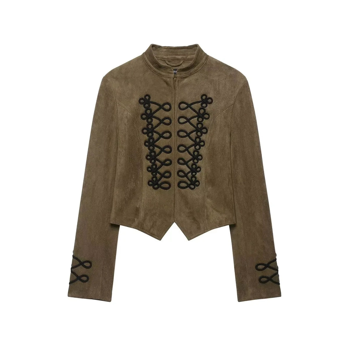 TFMLN 2026 Women Faux Suede Short Jacket Stand Collar Handmade Knot Embroidery Slimming Long Sleeve Outerwear Fashion Retro
