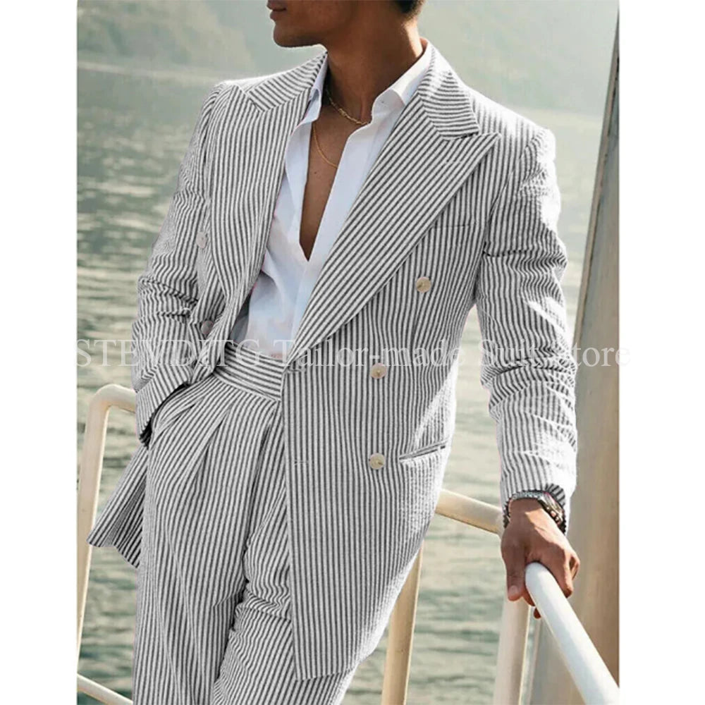 Light Pink Vertical Stripes Suits for Men Two-piece Set Summer Comfortable Linen Cotton Fabric Mens Suit for Casual Beach Party