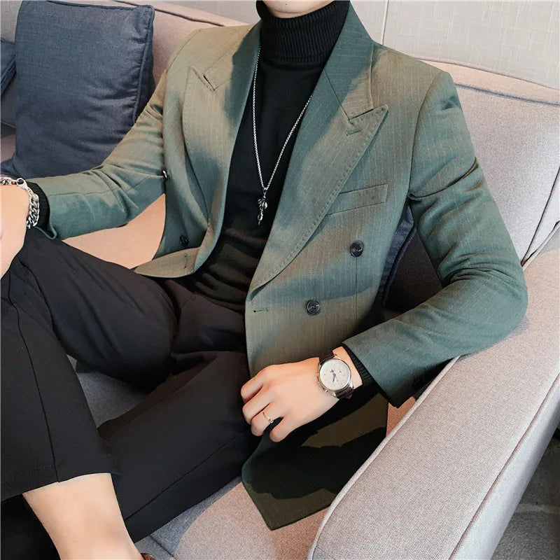 Men Blazer Jackets High Quality Autumn New Double Breasted Men's Striped Blazers Slim Fit Business Formal Wear Suit Coats Male