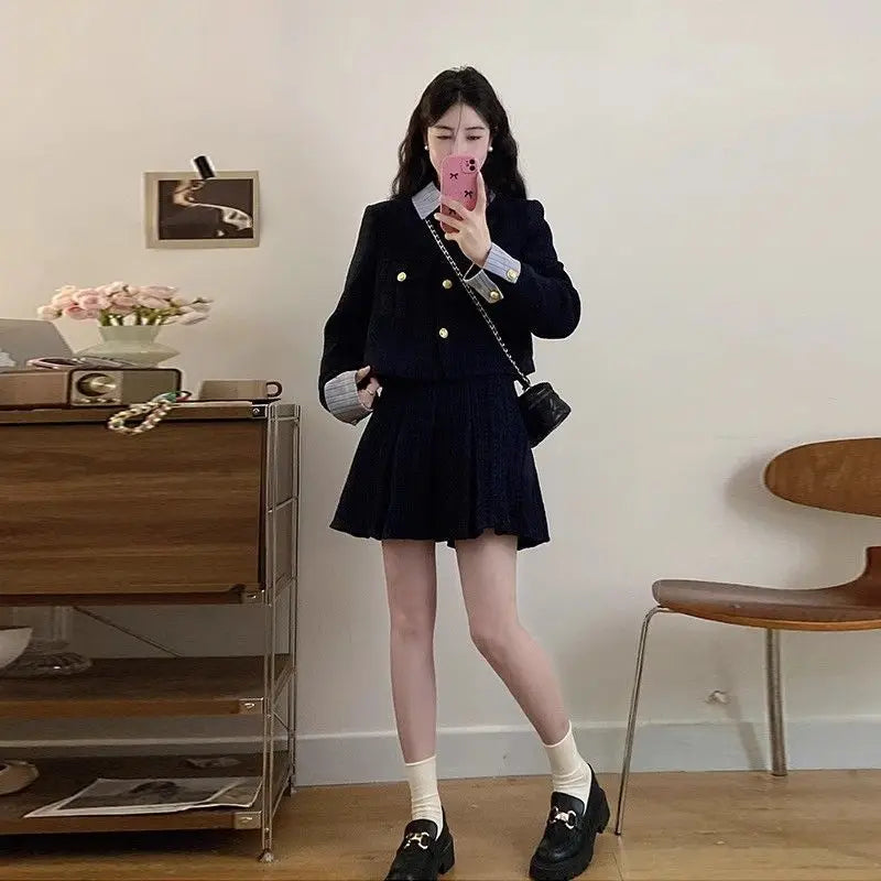 Korean High-End Small Fragrance Style Woolen Skirt Set Women's Autumn Winter Thicken Pleated Short Skirt Two-Piece Set