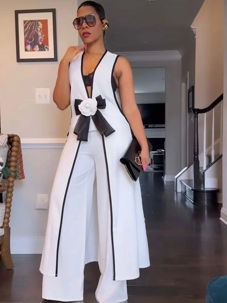 Bow Tie Appliques V-neck Sleeveless Long Top and Wide Leg Pants