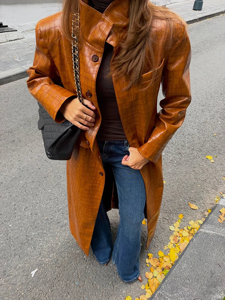 Trendy High Neck Croc Embossed Faux Leather Long Coat Single Breasted
