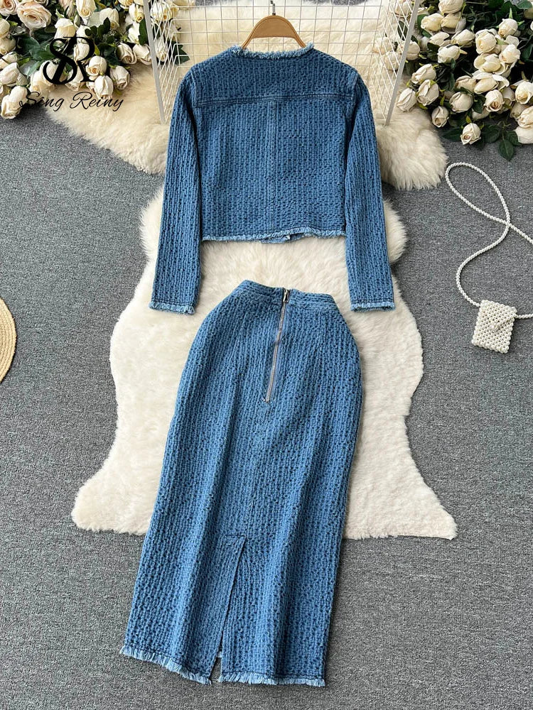 SINGREINY Women Office Lady Denim Suits 2023 Long Sleeves Autumn Blouse+Split Long Skirt Vintage Fashion Jeans Two Pieces Sets