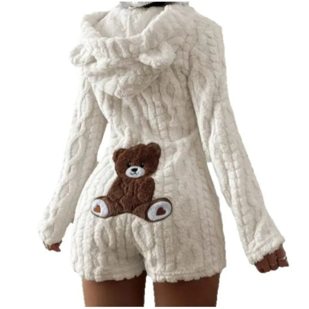 Autumn Winter Plush Hoody Women's Jumpsuit Shorts 2026 New Fashion Embroidered Animal Bear Female Casual Home Wear Plush Rompers