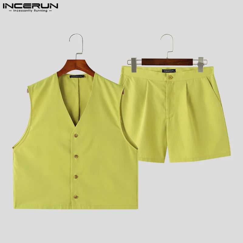 INCERUN Men Sets Solid Color V Neck Sleeveless Crop Vests & Shorts Two
