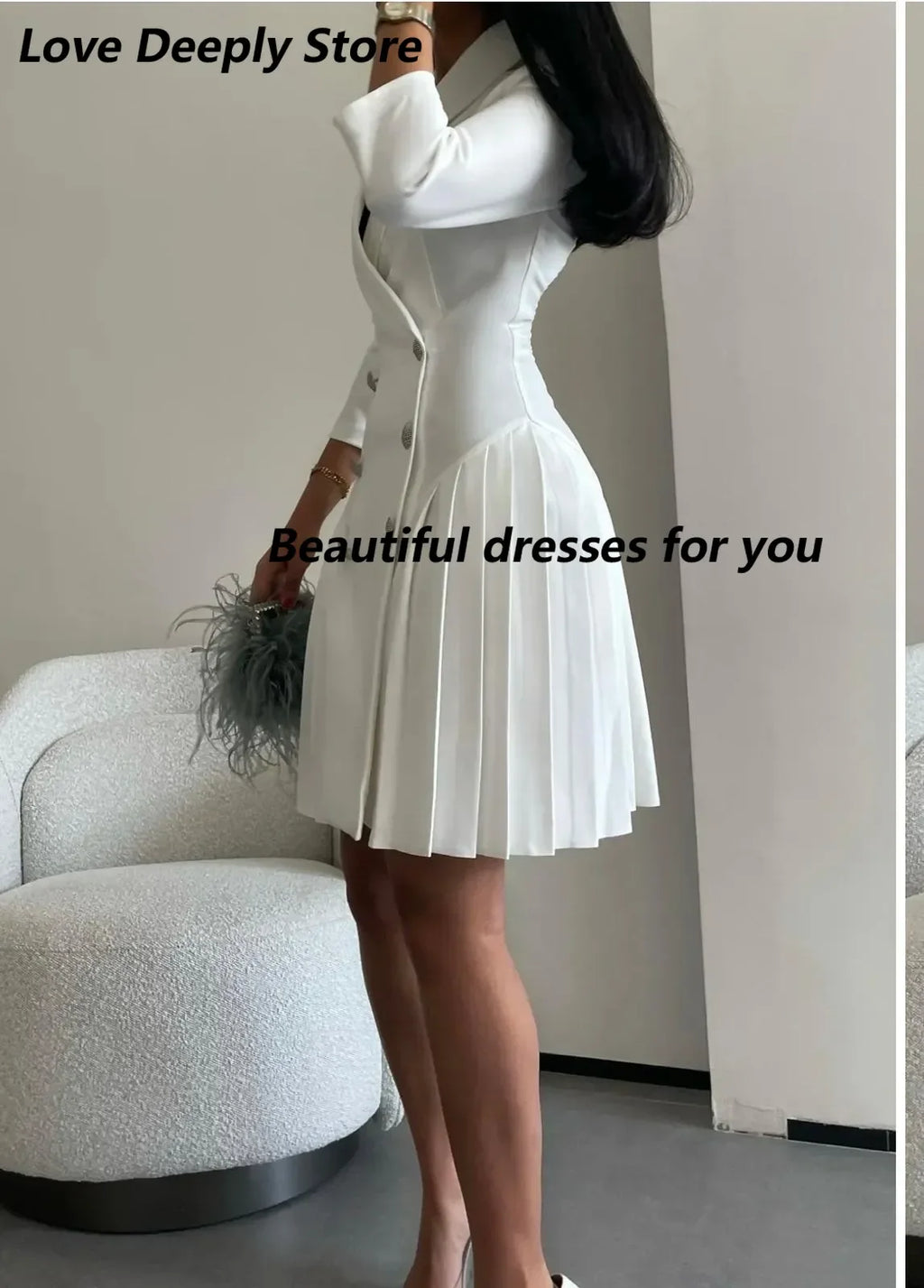 Customized Elegant V-Neck Short Evening Dresses with Buttons A-Line Long Sleeve Prom Dresses Robe De Soiree Formal for Women