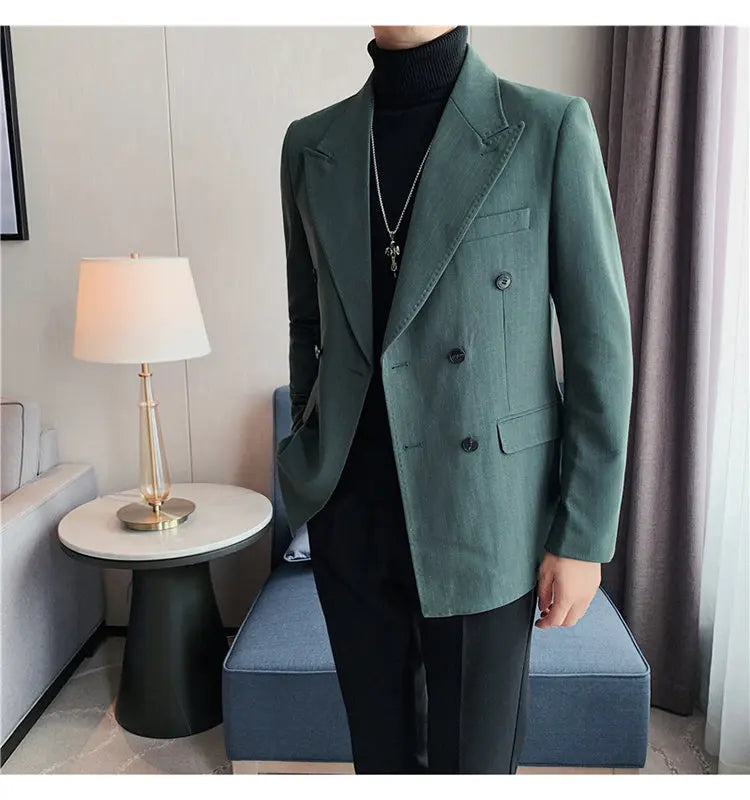 Men Blazer Jackets High Quality Autumn New Double Breasted Men's Striped Blazers Slim Fit Business Formal Wear Suit Coats Male