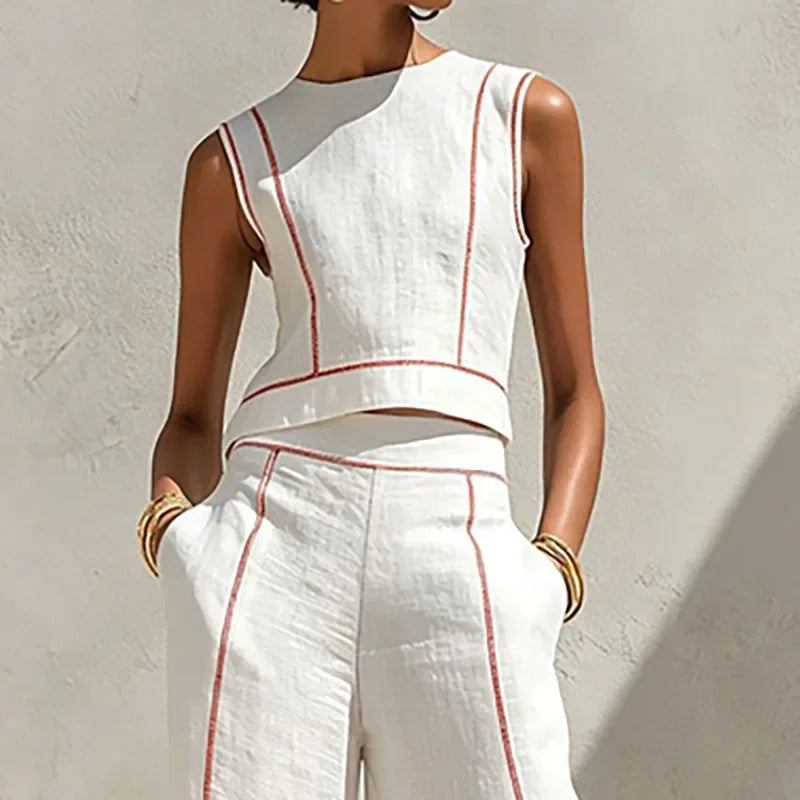 Vintage Striped Print Two Piece Suit Women Sleeveless Crop Vest Top Pocket High Waist Wide Leg Pants Sets Elegant Outfits