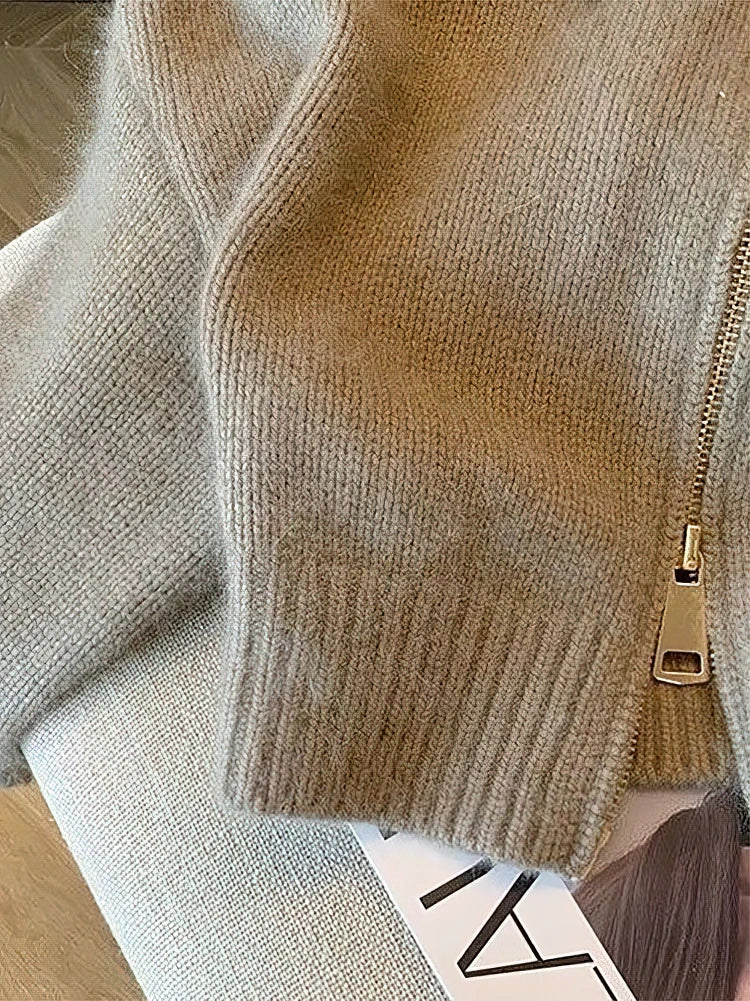 Patchwork Zipper Cropped Cardigan Women 400g Thick Autumn Knitted