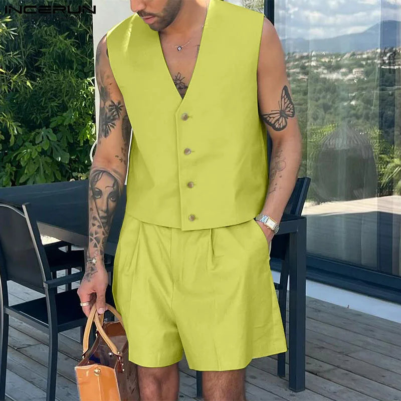 INCERUN Men Sets Solid Color V Neck Sleeveless Crop Vests & Shorts Two