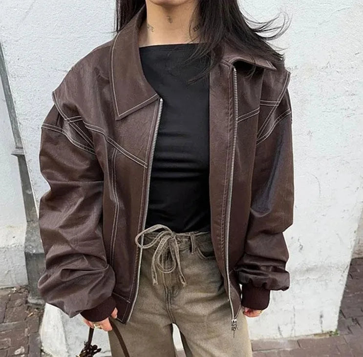 Autumn Winter Women's Vintage PU Jacket Street Fashion Zipper Leather Jacket Coat Handsome Patchwork Lapel Long Sleeve Outerwear