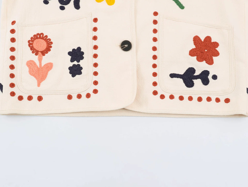 KONDALA Chic 2026 Vintage Autumn Modern Flower Embroidery Jacket Streetwear Pockets Single Breasted Loose Casual Female Outwear