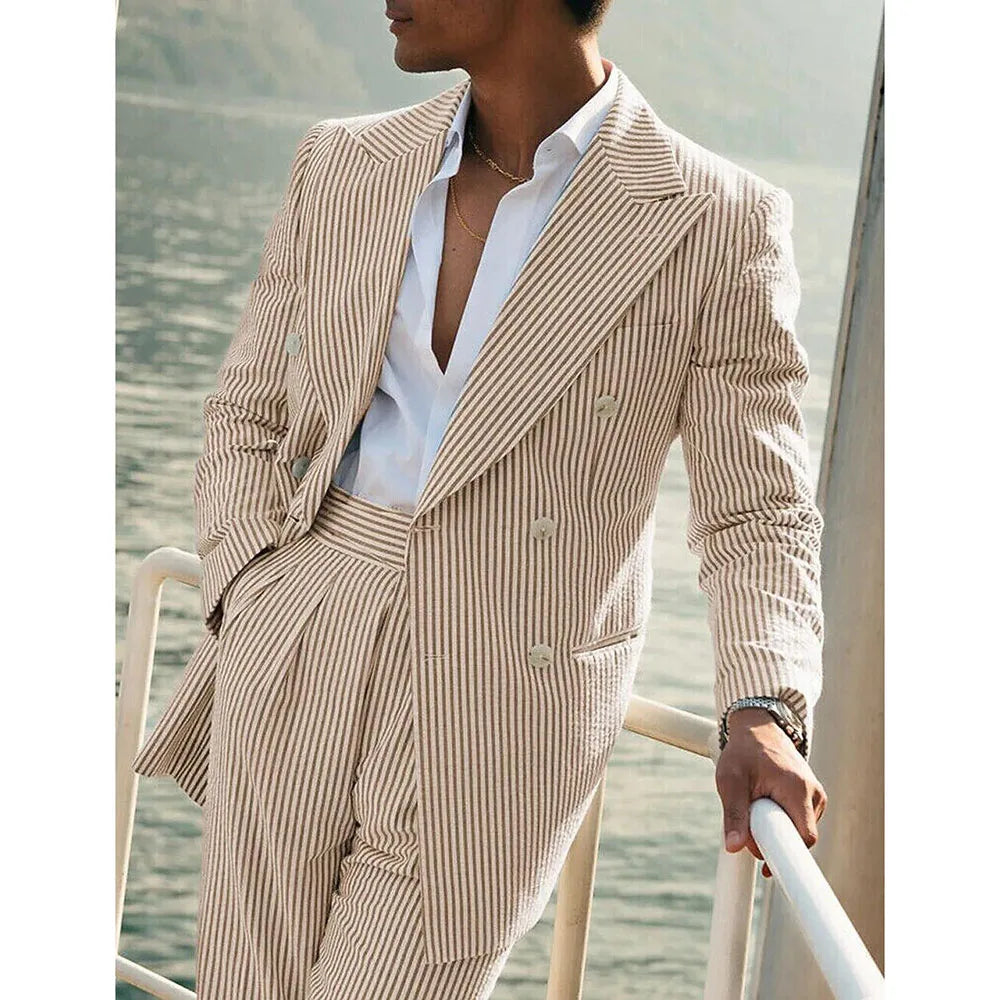 Light Pink Vertical Stripes Suits for Men Two-piece Set Summer Comfortable Linen Cotton Fabric Mens Suit for Casual Beach Party