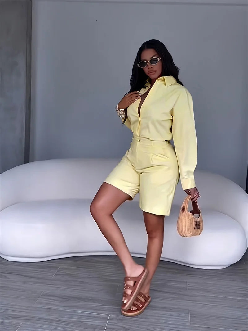 Doyerl Solid Elegant Fashion Two Piece Set Women Clothing Casual Long Sleeve Shirt Top and Shorts Matching Sets Ensembles Femme