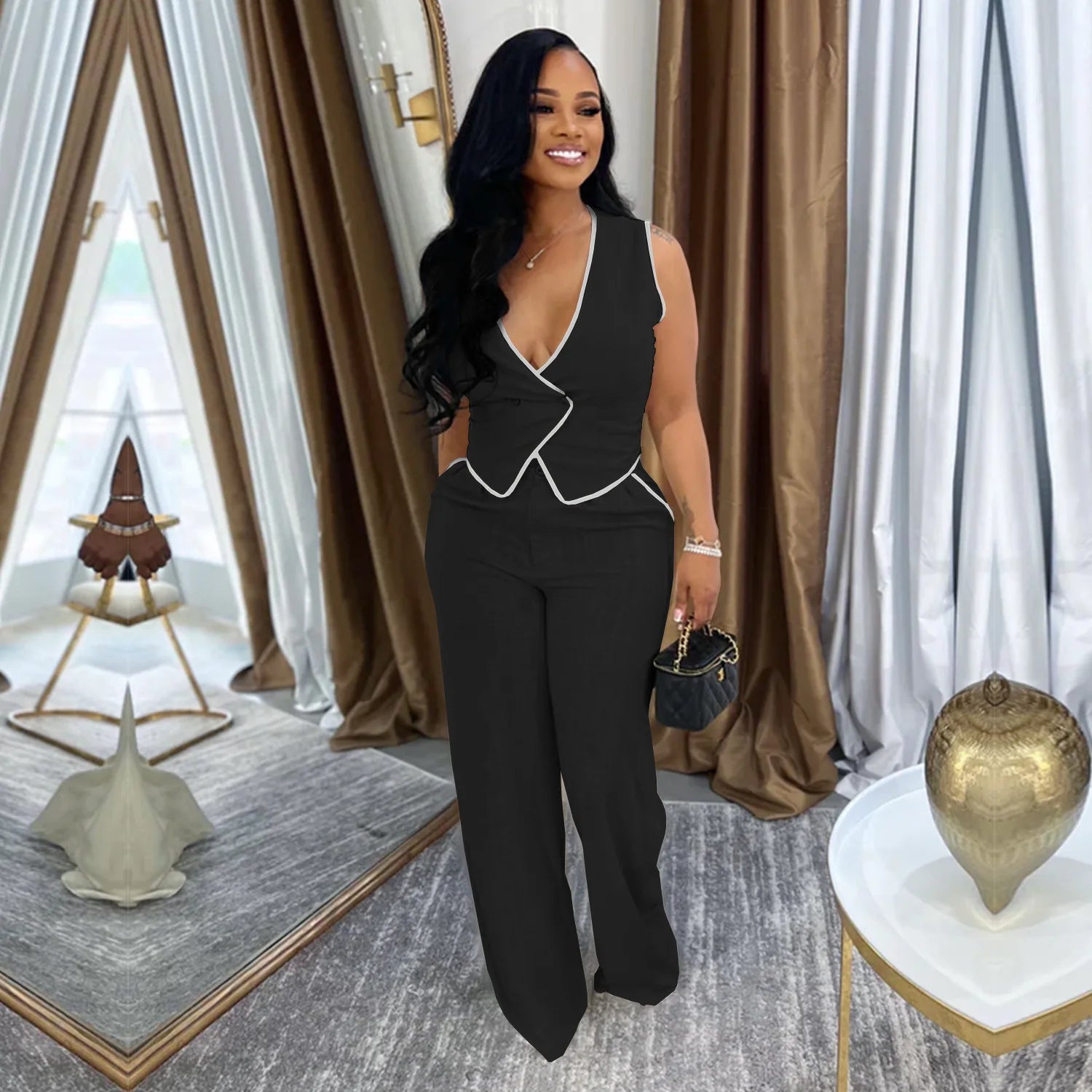2 Piece Women Sets 2025 Summer Autumn New Arrival Matching Sets Black Color Two Pieces Sets Top Pants Suits Outfits Clothing