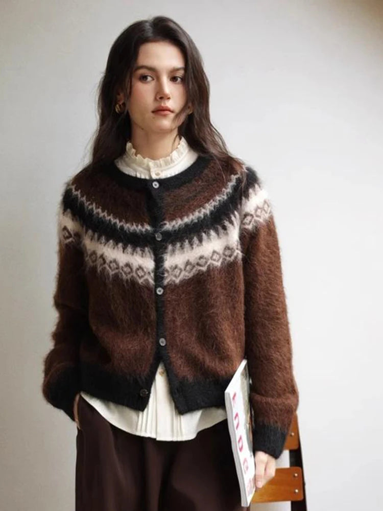 Nordic Style Womens Knitted Cardigan Sweater Alpaca Wool Retro Winter Autumn Color Block Jacquard Long Sleeve Casual Top