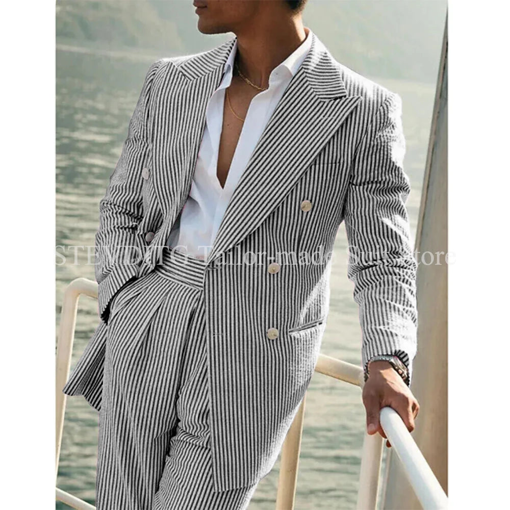 Light Pink Vertical Stripes Suits for Men Two-piece Set Summer Comfortable Linen Cotton Fabric Mens Suit for Casual Beach Party