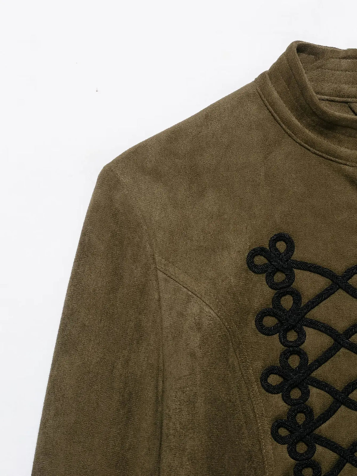 TFMLN 2026 Women Faux Suede Short Jacket Stand Collar Handmade Knot Embroidery Slimming Long Sleeve Outerwear Fashion Retro