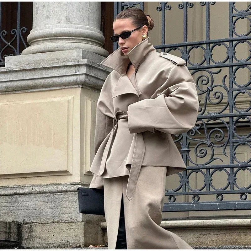 Solid Laepl Lace Up Trench Coat Women Fashion Full Sleeve Waist Cinching Short Windbreak 2026 New Autumn Office Commute Outwear
