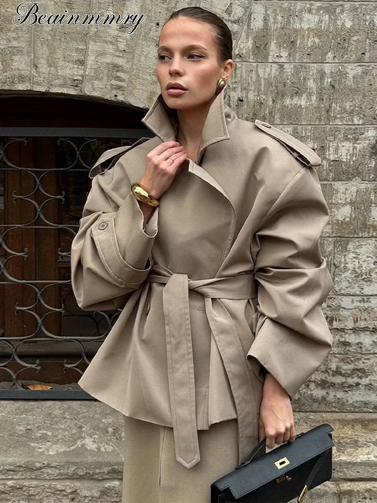 Solid Laepl Lace Up Trench Coat Women Fashion Full Sleeve Waist Cinching Short Windbreak 2026 New Autumn Office Commute Outwear