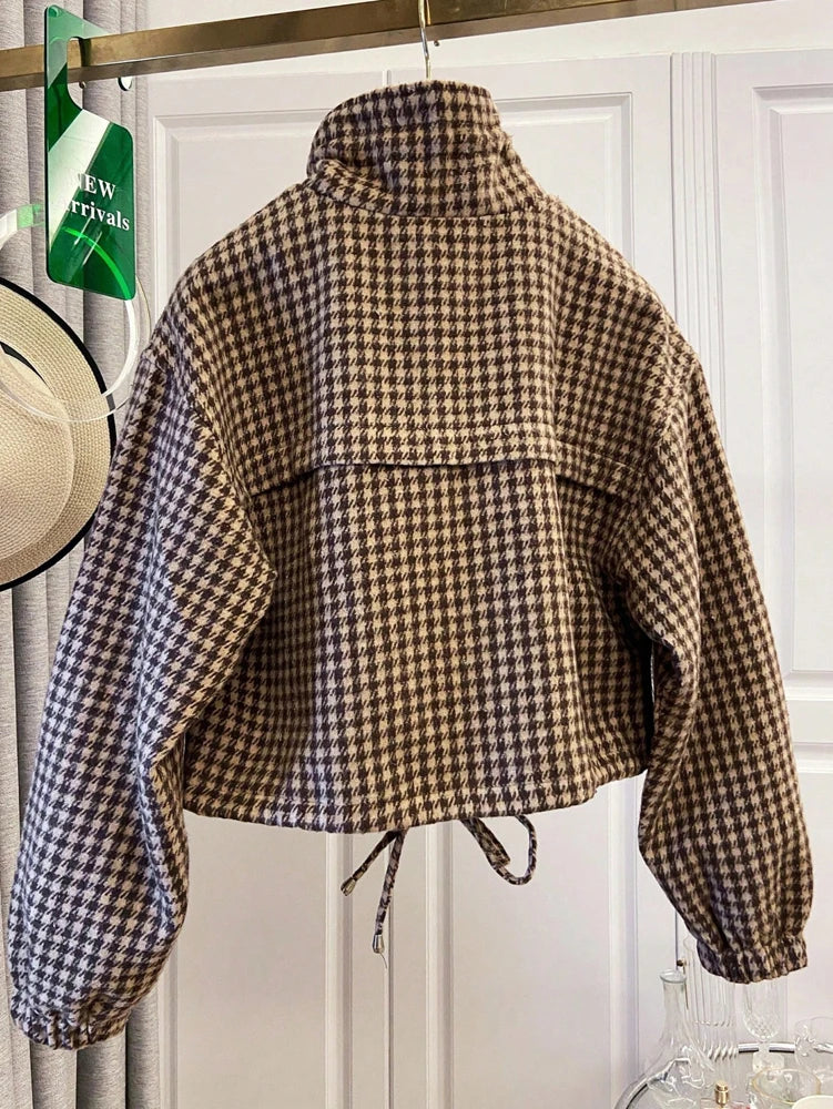 Fall/Winter 2026 New Arrivals: Women's Spring/Fall Casual Houndstooth Cropped Jacket—Fashionable Street Style
