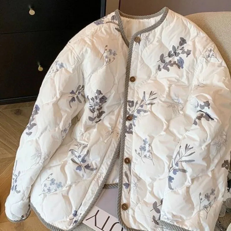 Vintage Floral Printed Cotton Coat Women's Clothing Trend Warm Autumn Winter Cotton-padded Jacket Light Thin Tops Long Sleeve