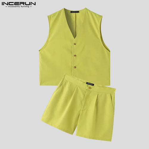 INCERUN Men Sets Solid Color V Neck Sleeveless Crop Vests & Shorts Two