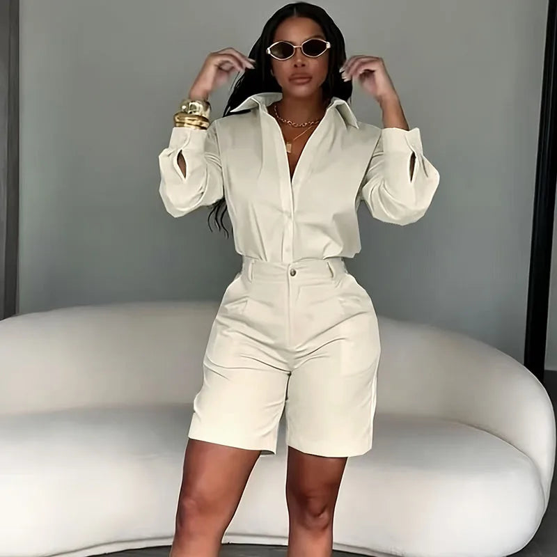 Doyerl Solid Elegant Fashion Two Piece Set Women Clothing Casual Long Sleeve Shirt Top and Shorts Matching Sets Ensembles Femme