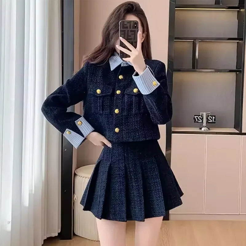 Korean High-End Small Fragrance Style Woolen Skirt Set Women's Autumn Winter Thicken Pleated Short Skirt Two-Piece Set