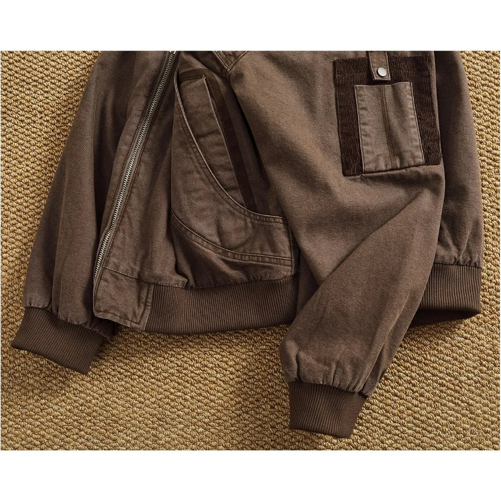 Men's new vintage washed distressed jacket corduroy lapel work jacket