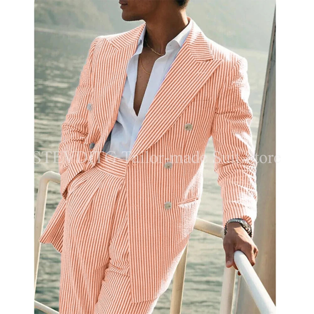 Light Pink Vertical Stripes Suits for Men Two-piece Set Summer Comfortable Linen Cotton Fabric Mens Suit for Casual Beach Party