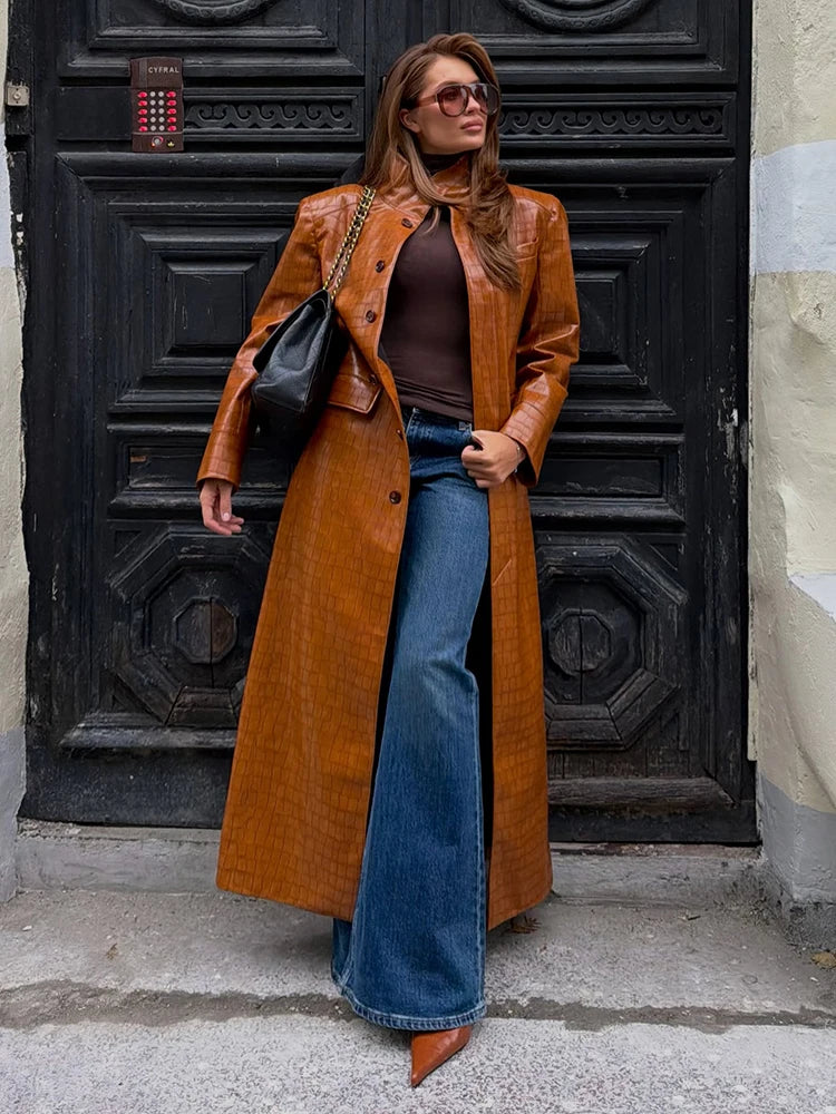 Trendy High Neck Croc Embossed Faux Leather Long Coat Single Breasted