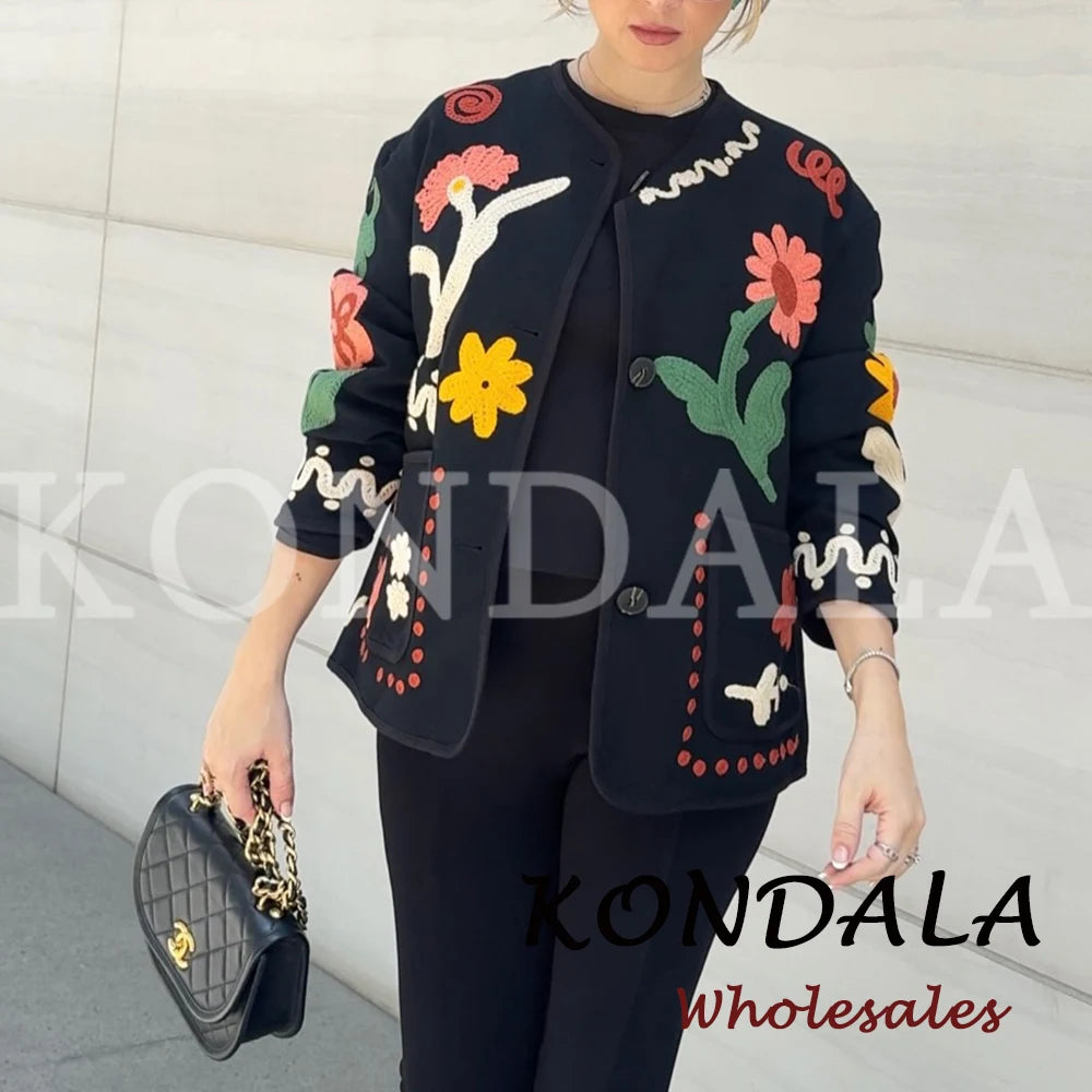 KONDALA Chic 2026 Vintage Autumn Modern Flower Embroidery Jacket Streetwear Pockets Single Breasted Loose Casual Female Outwear