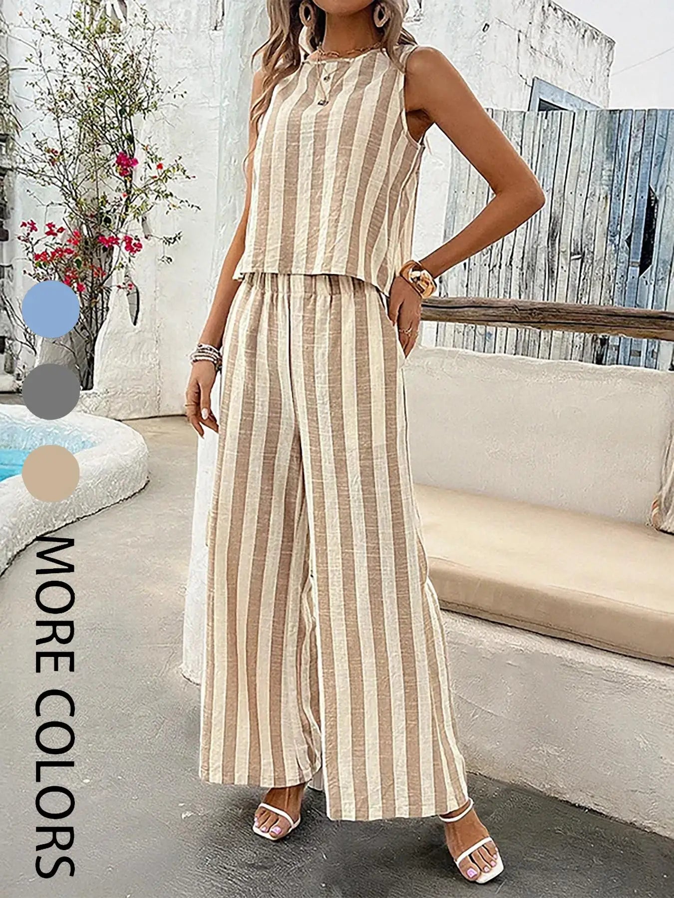 Loose Striped Round Neck Vest And Elastic Wide Leg Pants Two-Piece Set