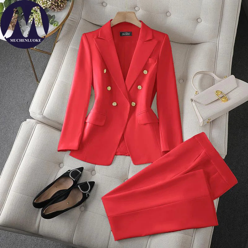 Women's Korean Fashion Two-Piece Set Long Sleeve Blazer And Wide Leg