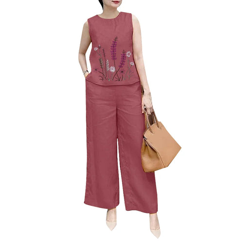 Fashion 2PCS Summer Outfits ZANZEA Sleeveless Embroidery Blouse Pant