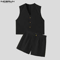 INCERUN Men Sets Solid Color V Neck Sleeveless Crop Vests & Shorts Two