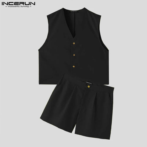 INCERUN Men Sets Solid Color V Neck Sleeveless Crop Vests & Shorts Two