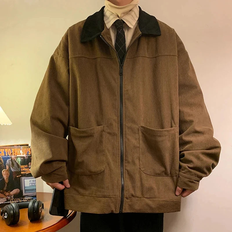 American Style Vintage 2026 Men Jacket Windbreakers Zipper Coats Autumn Loose Cargo Outwear Streetwear Corduroy Jackets M-5XL