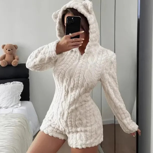 Autumn Winter Plush Hoody Women's Jumpsuit Shorts 2026 New Fashion Embroidered Animal Bear Female Casual Home Wear Plush Rompers
