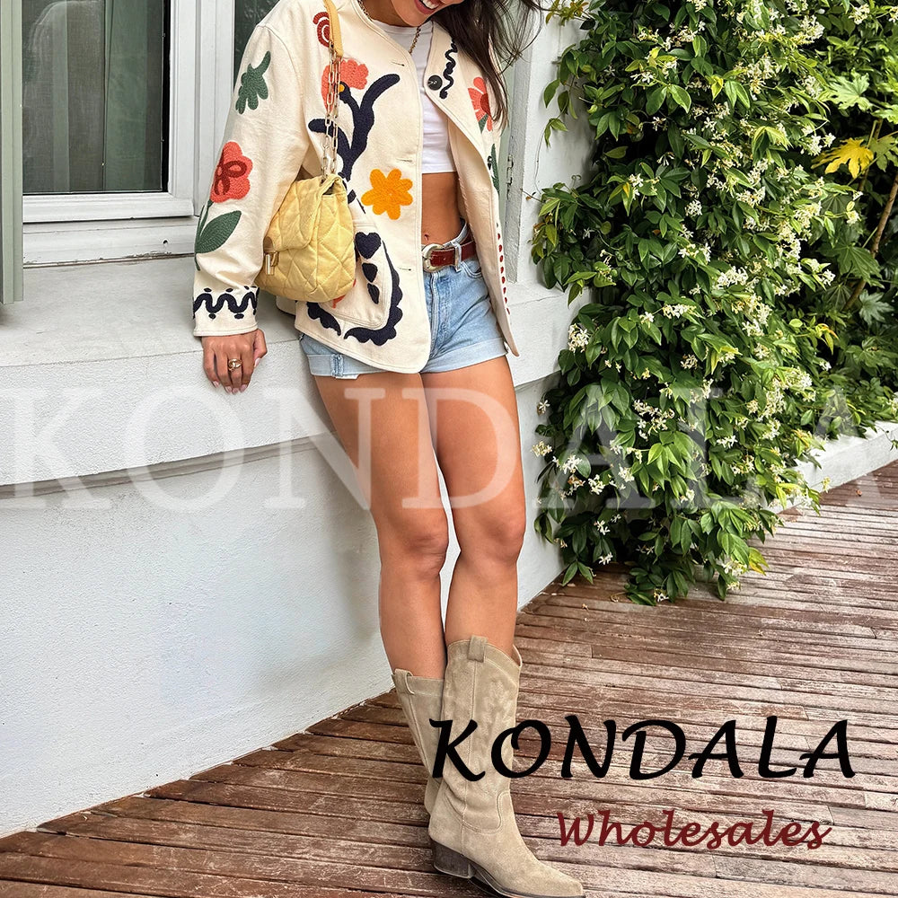 KONDALA Chic 2026 Vintage Autumn Modern Flower Embroidery Jacket Streetwear Pockets Single Breasted Loose Casual Female Outwear