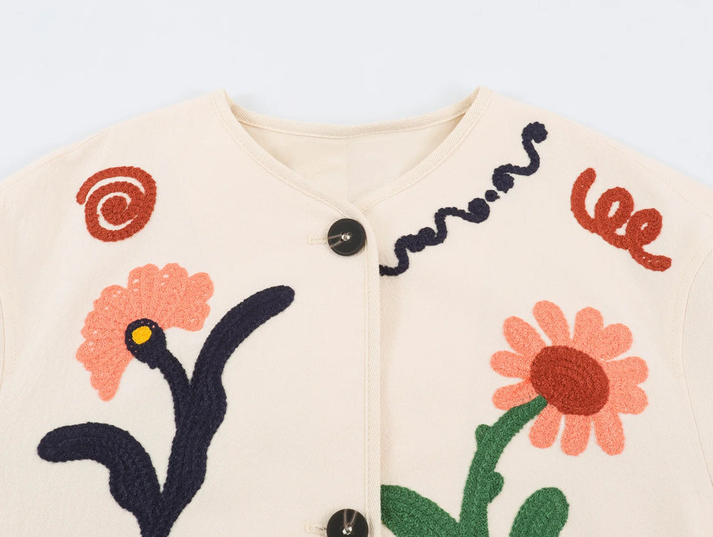 KONDALA Chic 2026 Vintage Autumn Modern Flower Embroidery Jacket Streetwear Pockets Single Breasted Loose Casual Female Outwear