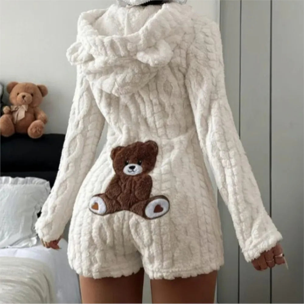 Autumn Winter Plush Hoody Women's Jumpsuit Shorts 2026 New Fashion Embroidered Animal Bear Female Casual Home Wear Plush Rompers